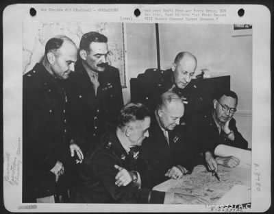 Thumbnail for General > Planning a bombing mission 8th Air force England, Target Germany. Left to right: Top row; Lt. Gen. Ira C. Eaker, Brig. Gen. Frank O. Hunter, Brig. Gen. Robert c. Candee Botton row: Gen. D.W. Eisenhower, Maj. Gen. W.H. Frank.