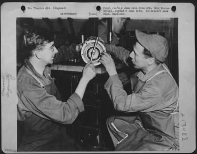 Thumbnail for Miscellaneous > Soldier-Technicians At An Air Service Command Depot In England Are Now Installing As Many New Field Coils In Airplane Starter Motors In One Day As Was Formerly Possible In Eight With An Expander Constructed By T/Sgt. James W. Turner (Left) Of East Point,