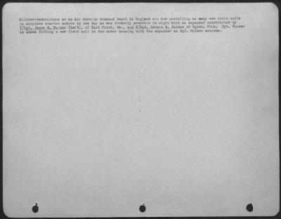 Thumbnail for Miscellaneous > Soldier-Technicians At An Air Service Command Depot In England Are Now Installing As Many New Field Coils In Airplane Starter Motors In One Day As Was Formerly Possible In Eight With An Expander Constructed By T/Sgt. James W. Turner (Left) Of East Point,