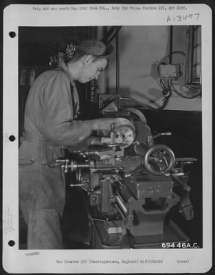 Thumbnail for Miscellaneous > A Machinist Of The 91St Bomb Group Operates A Lathe In A Machine Shop At A Base In Bassingbourne, England.  18 June 1944.