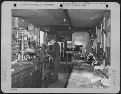 Thumbnail for Miscellaneous > Mr. George Ganseon, Compton, Calif., An Employee Of The Lockheed Overseas Corporation Working In Connection With The 8Th Air Force Service Command, Operates A Lathe In A Mobile Trailer At Nr. Bournemouth, Hants, England.  This Mobile Repair Unit Was Sent