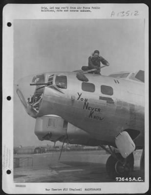 Thumbnail for Painting & Washing > Cpl. Charles W. Lusk, Kinderhook, N.Y., Ground Crew Member, Washing Down The Boeing B-17 'You Never Know', At An Air Base Somewhere In England.