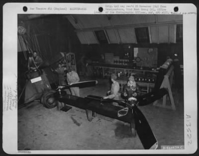 Thumbnail for Propellers > Maintenance Men Of The 92Nd Bomb Group Repairing Propellers In An Aircraft Supply Warehouse.  England.  29 November 1943.