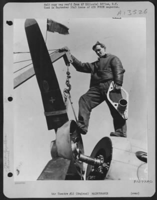 Propellers > The Unusual Device In The Left Hand Of S/Sgt. James J. Vokoun Of Prentice, Wisconsin, Is A Specially Made Propeller Wrench Which He Designed Out Of Salvage Materials For Use In Securing Four-Bladed Props To The Propeller Shafts Of P-51S During Maintenance