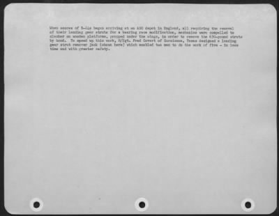 Thumbnail for Tires & Wheels > When Scores Of B-24S Began Arriving At An Asc Depot In England, All Requiaring The Removal Of Their Landing Gear Struts For A Bearing Race Modification, Mechanics Were Compelled To Clamber On Wooden Platforms, Propped Under The Wings, In Order To Remove T
