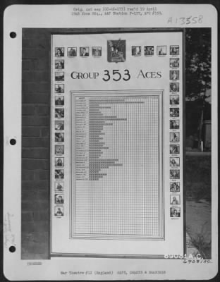 General > Photographs Of The 353Rd Fighter Group Aces Are Displayed Around The Graph Showing The Number Of Planes Each Flyer Has Shot Down During Aerial Combat Over Enemy Territory.  England, 1 May 1945.