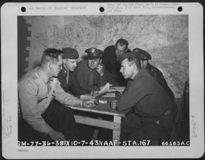 Thumbnail for General > During Interrogation, Capt. Baltrusaitis Reports On The Performance Of His Boeing B-17 During A Mission Over Enemy Territory.  The Group Includes Capt. Baltrusaitis, Lt. Nudell, Lt. Murray And Colonel Fiegal; The Other Two Men Are Not Identified.  381St B