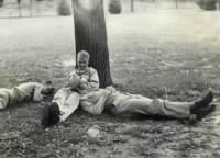 Thumbnail for SSgt Joseph J. Pavelko leaving against tree with buddies_Sioux City, Iowa 1943.jpg