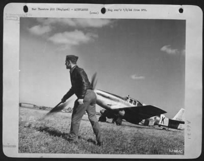 Thumbnail for North American > Field take-off control officer 2nd Lt. Jerome R. Mau of Chicago, Ill., shown flagging off some 8th AAF P-51 Mustangs from an English-based airfield in flights of four at a time. This mission was a long range bomber escort-note, auxilary wing fuel