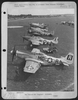 Thumbnail for North American > All three fighter types used by the U.S. Army 8th Air force are seen in this line-up of Fighter Command airplanes at a base in England. The planes belong to the fighter group commanders who have flown to an agreed meeting place where they and their