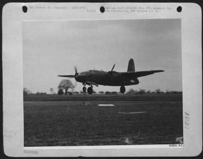 Thumbnail for Martin > DANGEROUS IF YOU DON'T KNOW HOW--A skillful pilot of a Martin B-26 Marauder bomber brings his ship in on one engine but the pilot (since listed as missin in action) feathered the propeller and flew back more than 100 miles to the base to make a safe