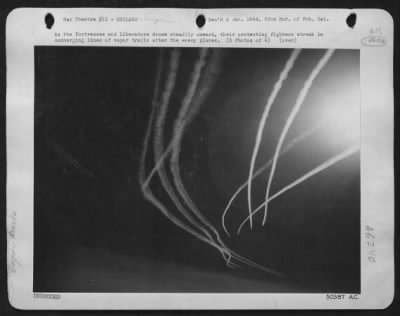 Thumbnail for Vapor Trails > GHOST TRACKS IN THE SKY:--Across the frozen wastes of the sub-stratosphere are etched the ghostly white trails of Thunderbolt fighters sweeping the skies for Nazi rocket-gun interceptors that may be lurking in the path of approaching Eighth Air force