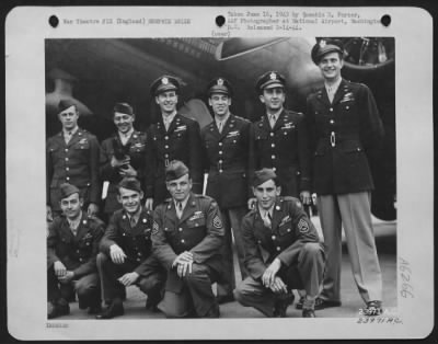 Thumbnail for General > Crew of the Battle-weary, but triumphant, "Memphis Belle" which made twenty-five bombing missions over Europe are shown: L. to R. Back Row: T/Sgt. Robert J. Hanson, Garfield, Wash., Radio Operator; T/Sgt. Harold P. Loch, Green Bay, Wisc.