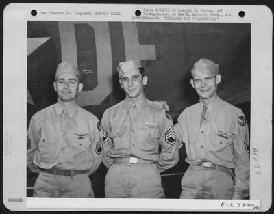 Thumbnail for General > Three crew members of the Boeing B-17 Flying ofrtress "Memphis Belle": S/Sgt. Cecil H. Scott, RFD No. 3, Altoona, Pa., ball turret gunner; S/Sgt. Casimer A. Nastal, 4936-28th St., Detroit, waist gunner; and S/Sgt. Clarence E. Winchell, 846 ofrest