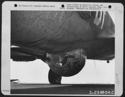 Thumbnail for General > The ball turret of the Boeing B-17 ofrtress "Memphis Belle" in which S/Sgt. Cecil H. Scott, RFD No. 3, Altoona, Pa., made 24 raids over France and Germany.