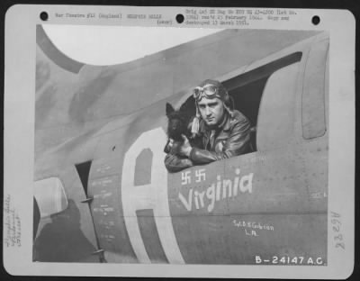 Thumbnail for General > Capt. James H. Verinis of New Haven, Connecticut, co-pilot on the "MEMPHIS BELLE" with "Stuka", the plane's mascot, at an airbase in England. 9 June 1943.