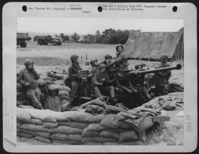 General > Pictured here is 9th AF Air Defense Command Crew. In a gun position above the crew manning it, they are left to right: Pft. Timothy Caslin, Cincinatti, Ohio; Pvt. Frank Peraino, Lodi, N.Y.; Pft. Howard Malina, Brooklyn; Pvt. Douglas Silcox, Dalair