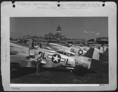 North American > Re-Deployment -- Fighter Planes ... Two Air Service Command Technicians Check In A North American P-51 Mustang Shortly After It Landed At Speke, England.  The Air Service Command Assumes Responsiblity For The Aircraft When Its Ferry Pilot Picks Up At An O