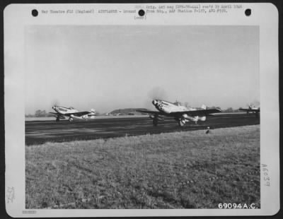 North American > North American P-51'S Of The 353Rd Fighter Group Taxi Down The Runway At Their English Base Ready To Take Off On A Mission Over Enemy Territory. December 1944.