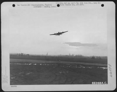 Boeing > A Boeing B-17 "Flying Fortress" (A/C No. 909) Is Silhouetted Against An Evening Sky As It Comes In For A Landing At The 91St Bomb Group Base In Bassingbourne, England.