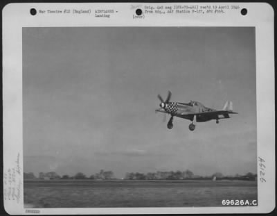 North American > The North American P-51 "Mustang" Of The 350Th Fighter Squadron, 353Rd Fighter Group, Comes In For A Landing At Its English Base After An Escort Mission Over Enemy-Held Europe.  February 1945.