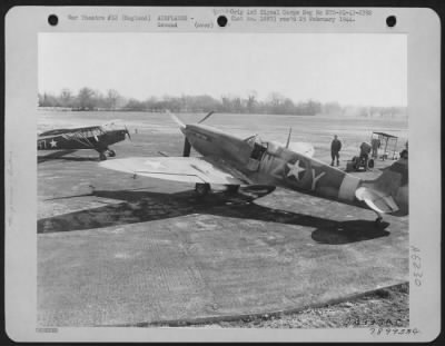 Thumbnail for British > Left Rear View Of A British Mark V Spitfire Used By The U.S. Air Force At Membury Airdrome, England.  15 March 1943.