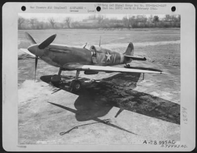 Thumbnail for British > 3/4 Front View Of A British Mark V Spitfire Used By The U.S. Air Force At Membury Airdrome, England.  15 March 1943.