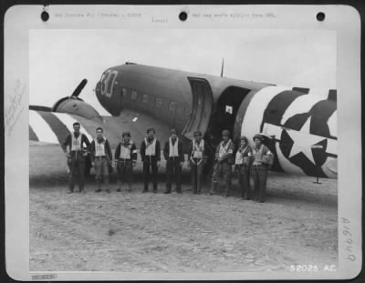 Thumbnail for General > This is the crew of a "Skytrain," hospital ship of the 9th Air force which was first to land on the beachhead in France. The landing strip hurriedly built by 9th Engineer Command battalion was in use within four score hours from the initial assault