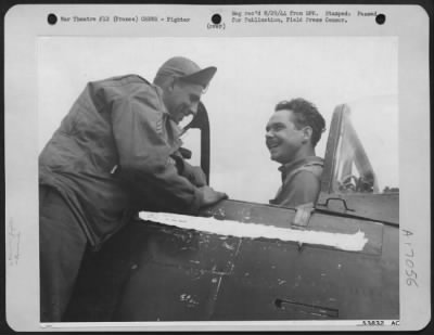 Fighter > AN ACE . . . A SMILE . . . ANOTHER NAZI SHOT DOWN . . . Maj. Rockofrd V. Gray, 1007 North Winnetha St., Dallas, Texas, 9th Air force Republic P-47 Thunderbolt pilot who has 130 missions and 9 enemy aircraft shot down to his credit, talks