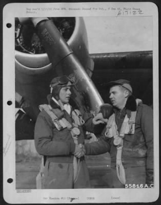 Gunner > Quick thinking and action on the part of S/Sgt Douglas B. McKirgan, 515 Sawmill River, Aidsley, N.Y., right, probably saved the life of his fellow tail gunner, Sgt Frank A. Matthes, Jr., Box 726 Sidney, Neb., during a recent raid over Germany.