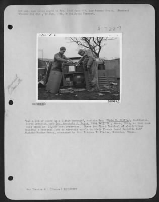 Thumbnail for General > "It's a lot of power in a little package," exclaim Sgt. Clyde R. Stilley, Washington, North Carolina, and Cpl. Reginald P. Boltz, 768.5 Bell St., Akron, Ohio, as they open this brand new 10,000 watt generator. These two First Tactical AF electricians