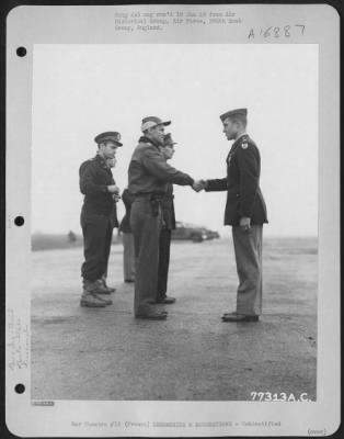 Thumbnail for Unidentified > Major General Hoyt S. Vandenberg Congratulates A Member Of The 386Th Bomb Group After Presenting Him An Award During A Ceremony At An Air Base Somewhere In France.  23 October 1944.