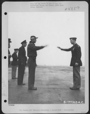 Thumbnail for Unidentified > Major General Hoyt S. Vandenberg Congratulates A Member Of The 386Th Bomb Group After Presenting Him An Award During A Ceremony At An Air Base Somewhere In France.  23 October 1944.