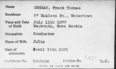 Thumbnail for 1921 > COSMAN, Frank Thomas