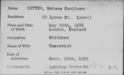 Thumbnail for 1921 > COTTER, Helena Kathleen