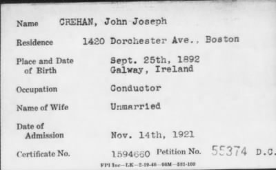 Thumbnail for 1921 > CREHAN, John Joseph