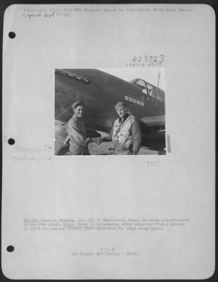 Thumbnail for Consolidated > 2Nd Lt. James S. Varnell, Jr., 22 Of Charleston, Tenn., Is Being Congratulated By His Crew Chief, S/Sgt. Elmer G. Dalebreaux, After Returning From A Mission In Which The Scrappy Fighter Pilot Shot Down His Sixth Enemy Plane.