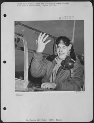 Thumbnail for Consolidated > Lt. Sheldon K. Anderson, Sheridan Road, Kenosha, Wisconsin, A. U.S. Army 15th Air Force Mustang fighter pilot and flight leader holds up five fingers, one for each of the enemy aircraft that he shot down in the course of a five-minute encounter with