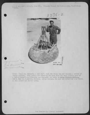 Consolidated > ITALY-What was formerly a full day's work for three men now becomes a matter for twenty minutes. This device for removing the tire from the main landing gear of a Consoldiated B-24 Liberator was designed and built by M/Sgt Dillard Centers, 315 N. 2nd