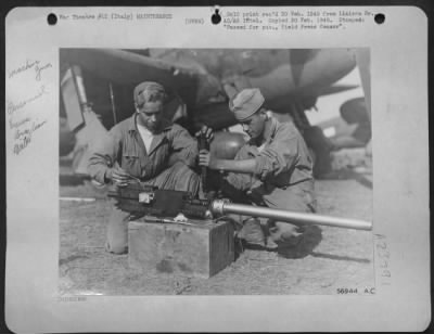 Consolidated > ITALY-Pfc. Nabor Catonio, from Mato Grosso, and Pvt. Ed. T. Furtado, from Rio de Janeiro, both armament workers with the First Brazilian Fighter Squadron, servicing a machine gun for a Republic P-47.