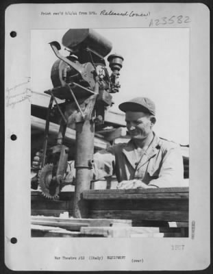 Thumbnail for Consolidated > Sgt. Clarence B. Smith, Carlsbad, Nm, Ground Crewman At A Consolidated B-24 Liberator Base In The 15Th Af, Italy, Built This Power Saw From Scraps He Found Around The Airbase.