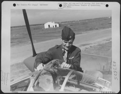 Consolidated > Major Kenneth Gaskin Of Hollywood, California, Pictured With His Suggestion Of Moving The Rear View Mirror On A North American P-51 Mustang Forward And Parallel With The Canopy.  It Was Found To Facilitate The Pilots' Rear Vision.  15Th Af, Italy.