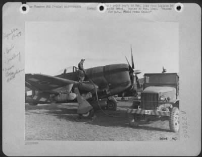 Thumbnail for Consolidated > Gassing Up - Republic P-47 Thunderbolts Of The First Brazilian Fighter Squadron Receiving Their Fuel For The Next Mission.  Pilots Of The Squadron Are All Veterans And All Hand Picked, Though Their Average Age Is About 22.  Italy.