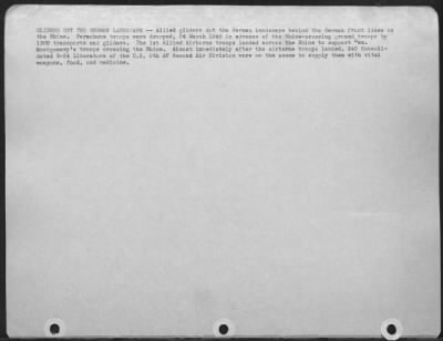 Consolidated > GLIDERS DOT THE GERMAN LANDSCAPE--Allied gliders dot the German landscape behind the German front lines on the Rhine. Parachute troops were dropped, 24 March 1945 in advance of the Rhine-crossing ground troops by 1500 transports and