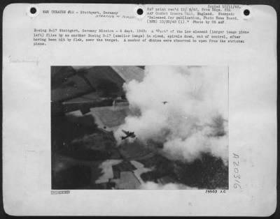 Thumbnail for Consolidated > Boeing B-17 Stuttgart, Germany Mission-6 Sept. 1943: A "Fort" of the low element (larger image plane left) flies by as another Boeing B-17 (smaller image) in cloud, spirals down, out of control, after having been hit by flak, near the target.