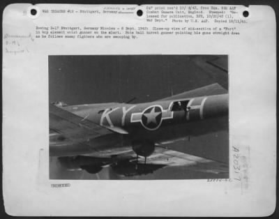 Thumbnail for Consolidated > Boeing B-17 Stuttgart, Germany Mission-6 Sept. 1943: Close-up view of mid-section of a "Fort" in top element waist gunner on the alert. Note ball turret gunner pointing his guns straight down as he follows enemy fighters who are swooping by.