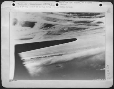 Thumbnail for Consolidated > Boeing B-17 wing knocked off by flak during raid over Emden, Germany.