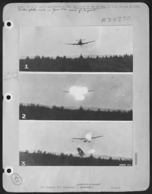 Thumbnail for Consolidated > EXIT OF GERMAN PLANE-A Nazi ME 109 fighter goes down in flames after losing to an Eighth Air Force fighter in an encounter over Germany recently. Here are three pictures from the gun camera of the victorious American fighter plane. Picture No. 1: