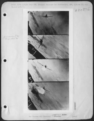 Thumbnail for Consolidated > BLAZING END FOR FW-190-This series of four sensational photos clipped from the motion picture gun camera record of a U.S. 8th AAF fighter plane, shows the downfall of an FW-190 during a recent aerial encounter near Kassel in German. (1) Lined up