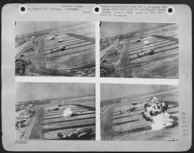 Thumbnail for Consolidated > WHITTLING DOWN THE LUFTWAFFE-Low level strafing of enemy airdromes by fighter planes of the 8th Fighter Command has accounted for a multitude of Nazi planes. Here's a good example as illustrated by photos from the wing guns of the attacking plane.